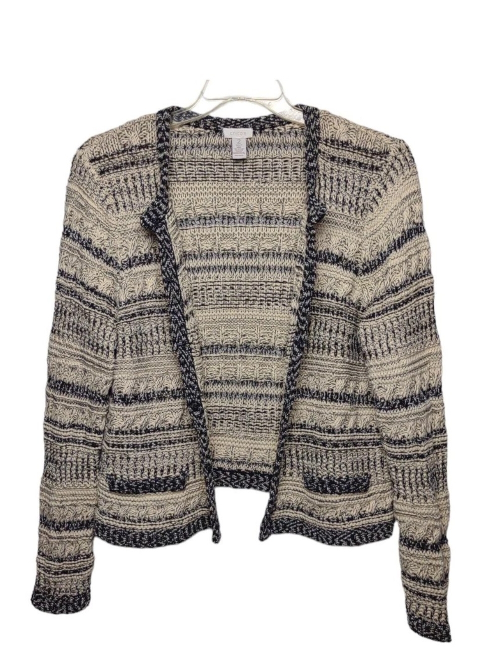 Chicos 2 Loose Knit Cardigan Sweater Large Black Beige Neutral Shades